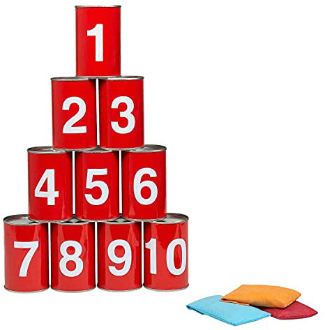 Idena 40189 - Spiel-Set Dosenwerfen mit 10 nummerierten Metall-Dosen und 3 Sand-Säckchen, Wurf- und Geschicklichkeits-Spiel für Geburtstagsfeiern, im Garten oder Park