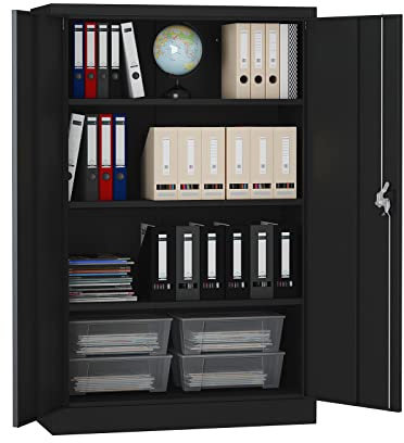 Midori Aktenschrank Metall abschließbar | 140 x 90 x 40 cm | Stahlschrank mit Zylinderschloss, Flügeltüren | 3 Verstellbare Einlegeböden | Büroschrank Schwarz pulverbeschichtet