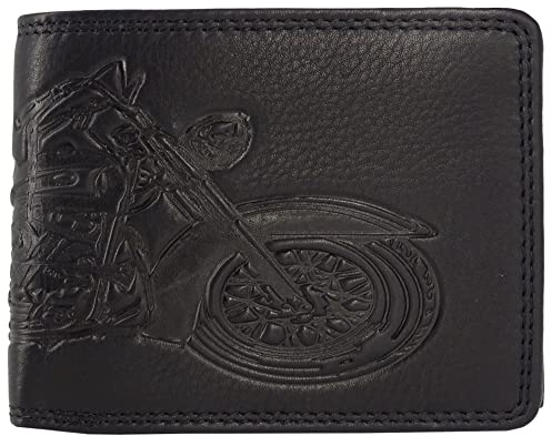Fregery Portafoglio in pelle da uomo con protezione RFID con scomparto per monete e goffratura (marrone, verticale, moto, Harley Davidson), Nero , Querformat schwarz, Classico