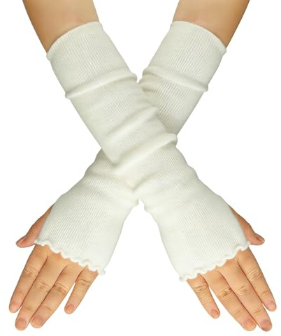 QUUPY 1 Pair Classic Black Fashion Lotus Leaf Style Stretch Fingerless Gloves Elbow Length Thumb Hole Arm Warmers Winter Autumn Arm Sleeve for Women Girls