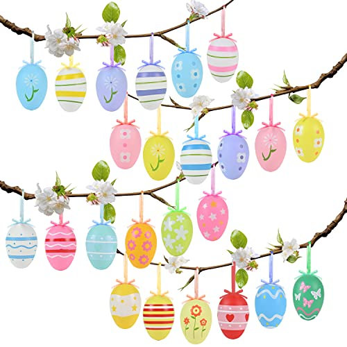 AhfuLife 24 pcs Huevo de Pascua Colgante, Huevo de Pascua Decoración para el Arbol, Huevos de Pascua de Plástico de Colores, Huevos de Pascua Reuniones Familiares (Huevos de Pascua -24pcs)