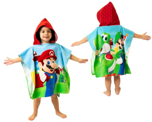 Franco Super Mario Kids Beach/Pool/Bath/Camping Hooded Towel Poncho 24 X 22, Absorbent Cotton Cover up, (Official Nintendo Product), Large, Super Mario
