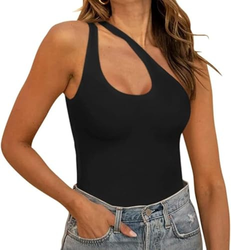 FFWTPY Body Femme sans Manche Asymétrique Bodysuit Épaule Dénudée Bodys Moulant Sculptant Élastique Confortable Top Basique Gainant pour Tenue Quotidienne