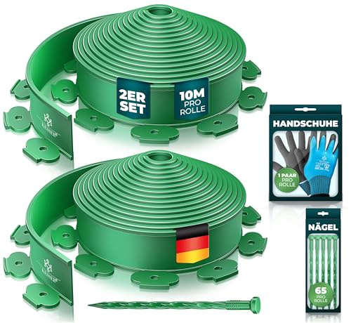 KESSER® Flexible Rasenkante aus Kunststoff Länge 20m Höhe 5cm, mit 130 Erdanker + 2 Paar Handschuhe Beeteinfassung Beetumrandung Beetbegrenzung Mähkante Pflastersteine Palisade - Grün
