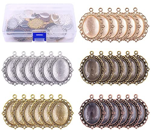 CASNO Silikonform, 60-teiliges Anhänger-Tablett, flache Anhänger, blanko, Lünette, ovale Cabochon-Basis, Charm-Anhänger für DIY-Schmuckherstellung