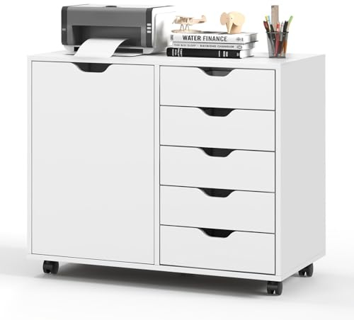 COSTWAY Caisson de Rangement à roulettes 5 Tiroirs, Placard avec Étagère Réglable, Caisson Bureau Blanc avec Poignée Incurvée, Support d'Imprimante 5 Roues avec 2 Frein, 78 x 40 x 65 cm