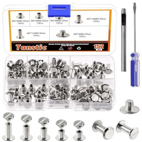 Tanstic 152Pcs(75 Sets) Chicago Screws Assorted Kit, M5 x 5/6/8/10/12mm Flat Head Leather Rivets Chicago Screws Binding Screw Posts Nail Rivet with Install Tool for Leather Craft Bookbinding(Silver)