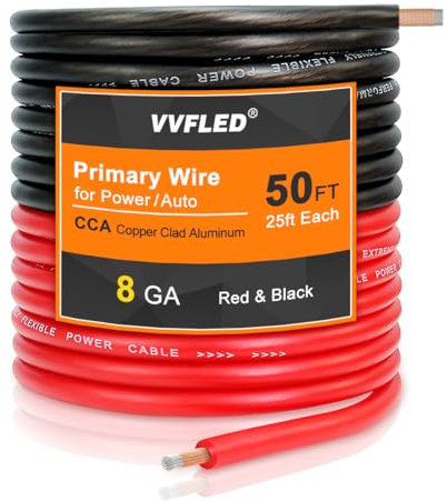 VVFLED 8 Gauge CCA Wire, (25ft Black/Red) Automotive Wire Car Audio Battery Cable, Power/Ground Wiring, Marine, Welding Cable, Electrical Audio Wiring for Speaker Amp