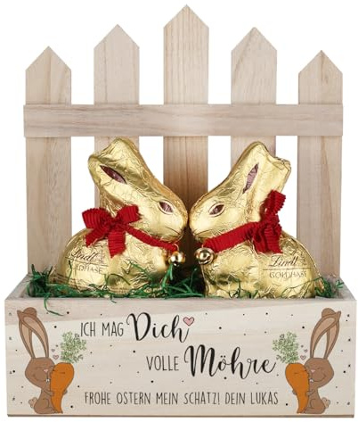 Herz & Heim® Osterkörbchen gefüllt mit 2 Schokohasen (Volle Möhre, 23 cm x 27 cm x 10,5 cm (B/H/T))