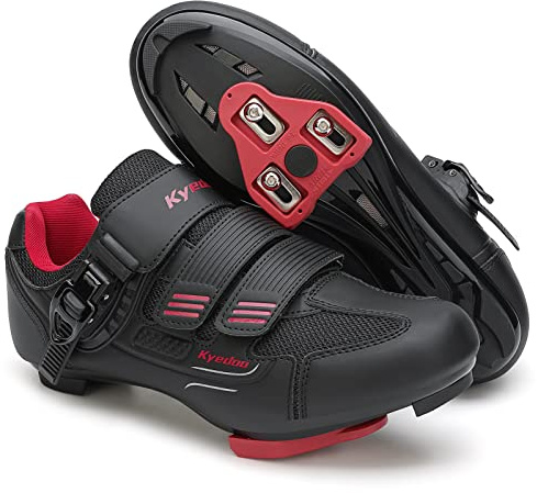 Unisex Cycling Shoes Compatible with Peloton Bike Shoes, Road Bike Indoor Riding Shoes with Pre-Installed Delta Cleats for Men and Women Clip in IndoorOutdoor Pedal Size 5.5 Black Red