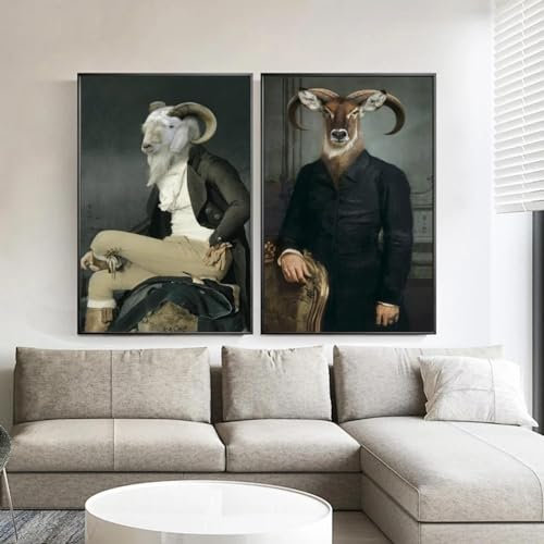 NXMYDBD Retro-Nostalgie-Gentleman-Leinwandgemälde, Wandkunst, Tierposter und -drucke, Wandtiere, Bilder für Wohnzimmerdekoration, 60x80cm (24x31 Zoll) x2, ungerahmt
