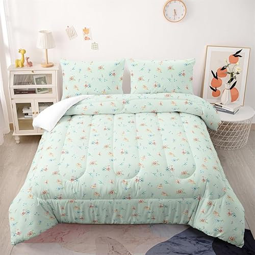 Coverless Duvet Mint Green Flower Coverless Duvet Double Microfiber Bedspread Lightweight Bedspreads Double Size All Seasons Quilted Bedspreads+2 Pillowcases(50x75cm) 200x200cm