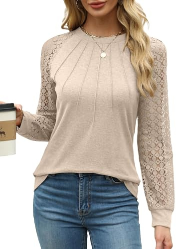 Aokosor Women Long Sleeve Tops for Women UK Plain Crew Neck Pleated Shirt Loose Casual Blouse Tunic Shirt Ladies Jumpers Size 6-8 Beige