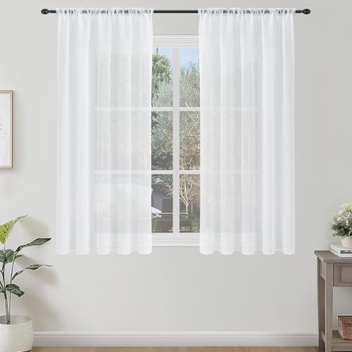 Topfinel Set of 2 Net Curtains for Windows 48 inch Drop White Sheer Curtains Short Woven Voile Net Curtains for Living Room Bedroom Window Treatment 48 x 55 inches