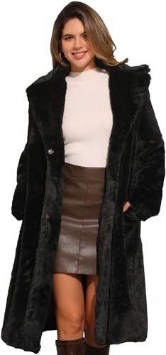 Allegra K Abrigo Largo Cálido para Mujer de Invierno con Solapa con Cinturón Frente Abierto Chaquetas Esponjosas de Piel Sintética Negro XL