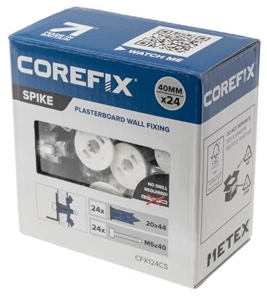 Corefix Spike Heavy Duty Plasterboard Fixings 24 Pack, DIY Kit with M5x40mm Screws. Easy to Install with NO Drill Required. Drywall Anchor, Wall Plug Alternative Suitable for All Plasterboard Types.