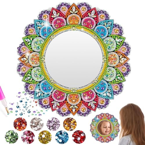 Capaneus Bunt Bastelset Mandala Diamond Painting Spiegel, Mandala Spiegel Diamond Painting Kinder, Basteln Diamond Painting Spiegel, Mandala Kosmetikspiegel Mädchen für DIY, Geschenk, Zimmer Deko