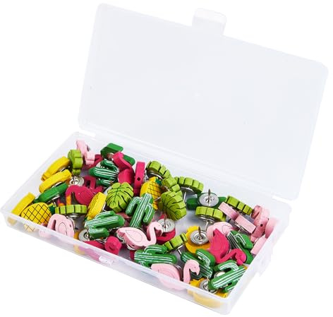 Tcrogsciss 45Pcs Wooden Push Pins Thumb Tacks Decorative Cute Pushpins Drawing Pins for Photos Wall, Maps, or Cork Bulletin Board (Multi Color, Tropical Decorative)