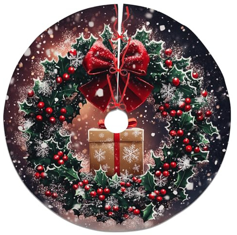 Gonna per albero di Natale con bacche di agrifoglio, in velluto verde, decorazione per feste invernali, decorazione per la casa e le celebrazioni natalizie, 121 cm