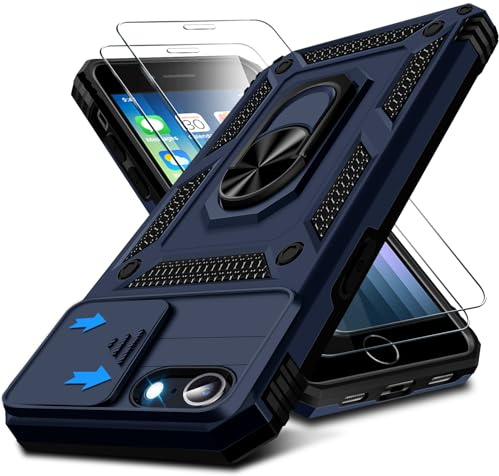 Kameraschutz Handyhülle für iPhone SE 2022/2020 für iPhone 8/7 Hülle mit Schutzfolie*2, 360 Grad Magnet Ring Halter Handytasche Case Militär Stoßfest Schutzhülle für iPhone SE/8/7 4,7 Zoll (Blau)