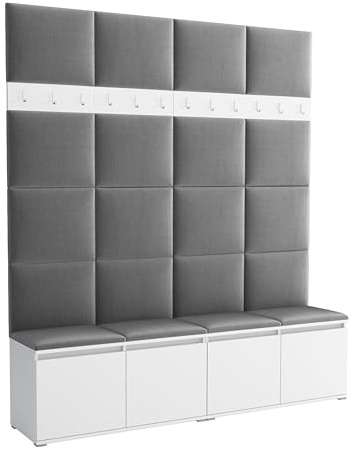 Brent - Garderobenschrank Flur Weiß mit sitzbank 200 cm Breit Luton 2 - Multifunktionale Flurgarderobe Set mit Stauraum und Wandpaneel, Garderobe mit Sitzfläche und Kleiderhaken