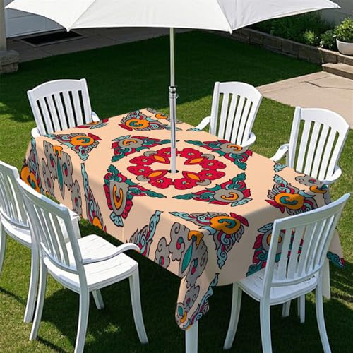 Chickwin 3D Tovaglia Rettangolare Impermeabile con Foro per Ombrellone e Cerniera, Stampa Esotica Vintage Tovaglia da Esterno per Tavolo da Giardino, BBQ, Picnic e Feste (Rosso,260x150cm)
