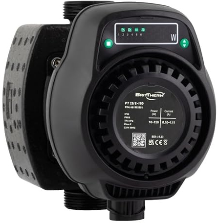 BritTherm P7 25/8-180 A-Rated Central Heating Circulating Pump | 8m Head, 7.5 m3/h Max Flow, UK Plug | 13 Auto Programs, 180mm Port-to-Port, 1 1/2 Connections