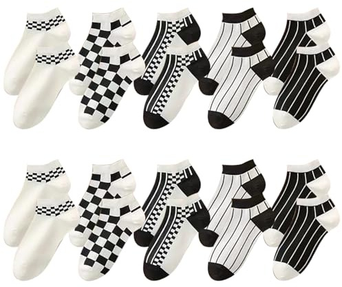HTTDSLF 10 Paia Calzini Corti DonnaCotone 35-40 Traspirante Sportive Calze, Calzini Donna Corti con Righe Scacchi, Traspirante Sportive Calze Donna Corte, CalzeDonna Cotone, CCalze Corte Donnaa