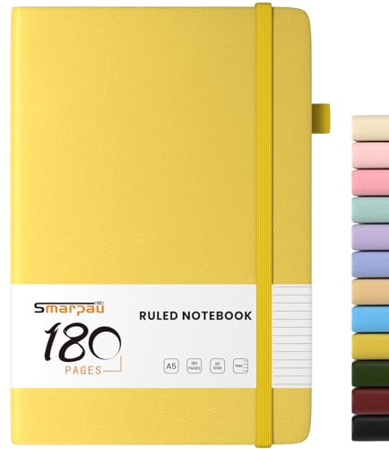 Smarpau A5 Notizbuch, Hardcover Leder Journal mit 180 Seiten zum Schreiben | 80gsm Dickes Papier, Lined Journal für Frauen Männer Arbeit Büro Schule Reisen, 14.5 x 21cm - Zitronengelb