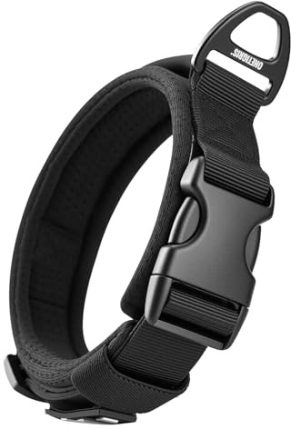 OneTigris Hundehalsband Kleine Hunde, Taktisches Hundehalsband mit Griff, Weich Gepolstert Breites mit Kunststoffschnalle und Ring aus Aluminiumlegierung, Schwarz, S(30-40cm)