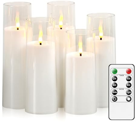 Zylume Battery Operated Candles,Flickering Flameless Single Battery Candles,LED Plastic Candles with Remote Control and Timer for Festivals Home Decorations 5 Packs D2.3 xH 5 6 6 7 7(White)