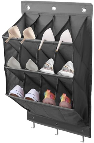 Schuhaufbewahrung Hangend - 12 Großen Taschen, Schuhregal Hängend Tür Schuh Organizer hängend mit 3 Metallhaken 3 Selbstklebenden Haken, Hängen Schlafzimmer und Wohnmobil Tür für Schuhe (Graue）