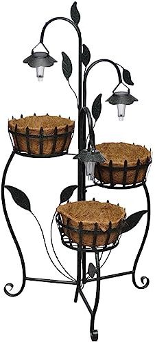 HaoChrymec Panier Suspendu with Fonte Structure, Éclairage LED, Lampes Solaires, Jardinières Extérieur, Jardinière Balcon, Bac à Fleurs Extérieur, Balconnière Extérieure, Noir
