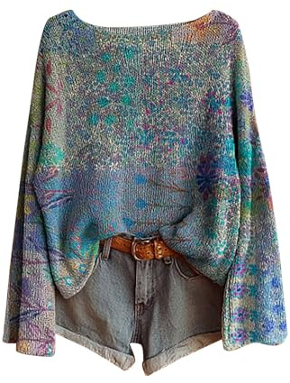 Womens Jumpers Casual Boho Floral Print Vintage Sweater Tops Graphic Baggy Slouchy Sweaters Jumper Lightweight Ribbed Knit Blouses Casaul Daily Going Out Knitwear Womens Sweaters Blue