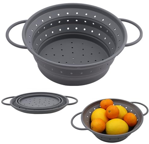 Scolapasta Silicone Pieghevole 21 cm Grigio Setaccio da Cucina Pieghevole Filtro per Pasta e Cestino Drenante Collapsible Colapasta per per Pasta Frutta Verdura