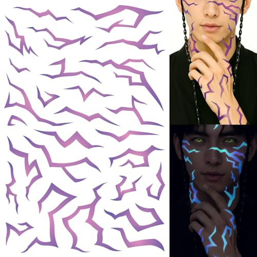 UV Glow Pattern Temporary Tattoos | 3 Sheets Purple Demon Energy Pattern | Blacklight Activated Neon Blue | Hunter Cosplay | Fake Tat Stickers | Kpop Tattoos for Kids | Birthday, Glow Party, Halloween
