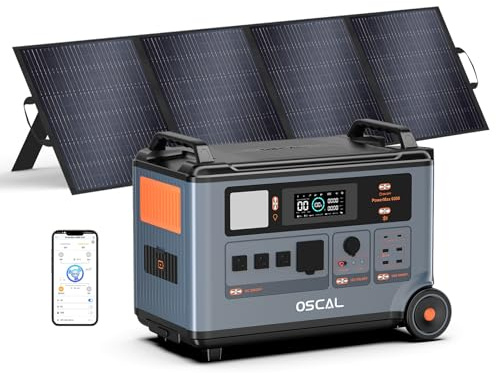 OSCAL PowerMax 6000W Generador Solar Portatil con Panel 200W, 3600Wh LFP Batería, Ampliable hasta 57.6kWh, Carga Rápida 1.2h, 14 Puertos, Estación de Energía para Hogar Emergencia, Camping, Caravana