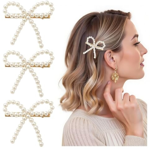 Nymora 3er-Set Perlen Haarspangen mit Schleife, Haarschmuck Braut Set mit Perlen für Hochzeit, Perlen-Bogen-Haarclip