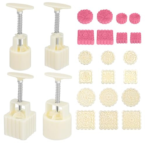 BRIGHTFUFU Traditional Chinese Mooncake Mold Set 4-Tier Press with 12 Floral Stamps Square Moon Cake Press Mould for Mid-Autumn Festival Baking Tools