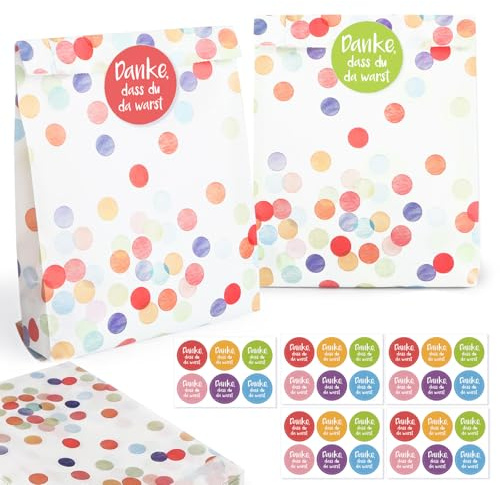 COMOOKA 50 Stück Geschenktüten Kindergeburtstag Bunt mit 60pcs Danke dass Du Da Bist Aufkleber Mitgebsel Tüten 19x13x3,5cm Klein Papiertüten zum Befüllen Geburtstagstüten Kinder für Hochzeit Party