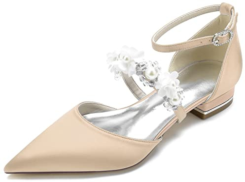 Yhsdfcn Brudskor med 3D-blommor och Pärlor för Dam - Satin Ballerina Mary Jane med Kristaller, Spetsig Tå och Låg Blockklack,B champagne,EU42