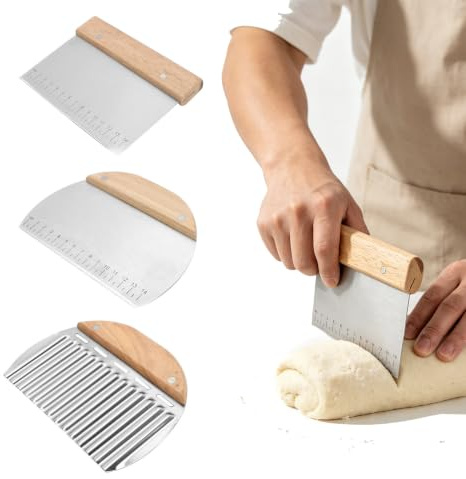 Omnikryp 3 Piezas Raspador de Masa, Cortador Masa con Mango de Madera, Herramientas de Cocina Multifuncionales para Cortar y Medir Masa, Pan, Pizza y Pasteles
