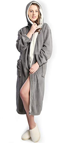 KEMUSI Hooded Grey Herringbone Women's Soft Spa Long Kimono Bathrobe,Comfy Full Length Warm Nightdress L