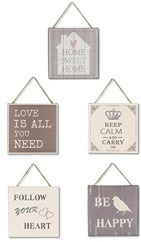 levandeo Wandbilder 5er Set B x H: 20x20cm Holzrahmen Shabby Chic Vintage Deko Sprüche Schilder Kordel