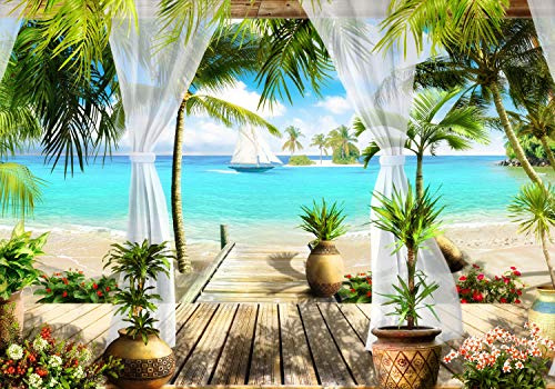wandmotiv24 Fototapete Strandblick Meer Segelschiffe, L 300 x 210 cm - 6 Teile, Wanddeko, Wandbild, Wandtapete, Sand, Meerblick, Entspannung M1098