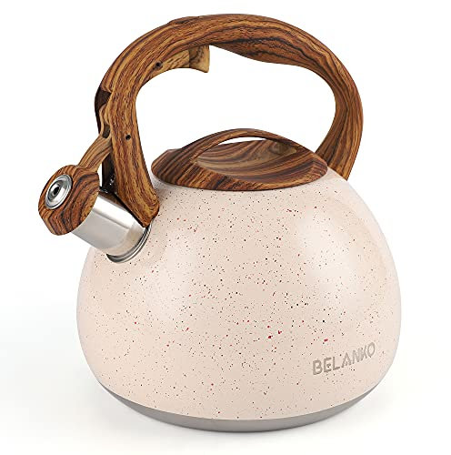 Tea Kettle, 2.7 Quart BELANKO Teapot for Stovetops Wood Pattern Handle with Loud Whistle Food Grade Stainless Steel Tea Pot Water Kettle - White
