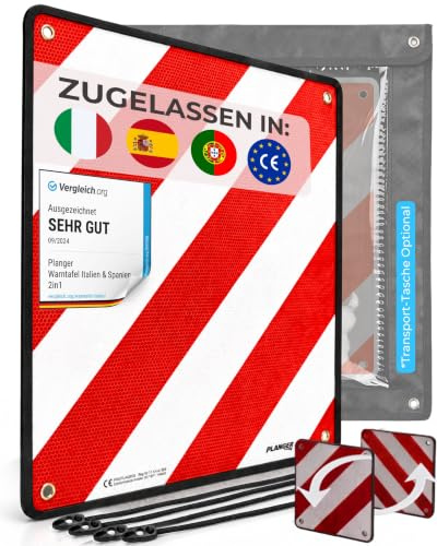 PLANGER® - Warntafel Italien und Spanien u Portugal 3in1 (50 x 50 cm) (Schild + Gepäckspanner) - Reflektierendes Warnschild rot weiß für Heckträger u Fahrradträger
