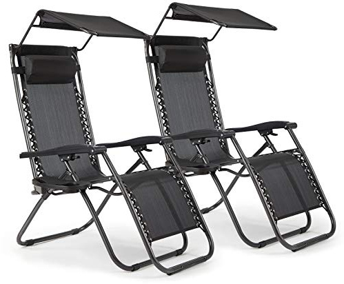 Intimate WM Heart Chaise Longue Jardin, Transat ​Jardin Exterieur avec Pare Soleil, Lot 2 Chaise Longue Pliante avec Appuis-Tête, Porte-Gobelet, Fauteuil Relax Jardin Plein Air, Noir