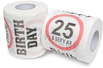 Happy 25 & Sexy AF Birthday Klopapier, 2 Pack, Dekoration und Geschenk Verpackung für den 25. Geburtstag, lustiges Motto Klo Papier, Fun Toilet Paper, Geschenkartikel, Geburtstags-Dekoration, funny