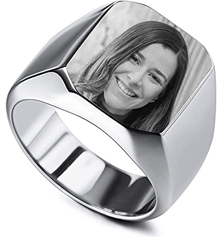 MunkiMix Personalisierter Edelstahl-Siegelring Personalisierter Schwarz-Weiß-Foto für Männer Frauen Paare Beste Freunde mit Ringgrößenverstellung (Silber Farbe Größe 76)